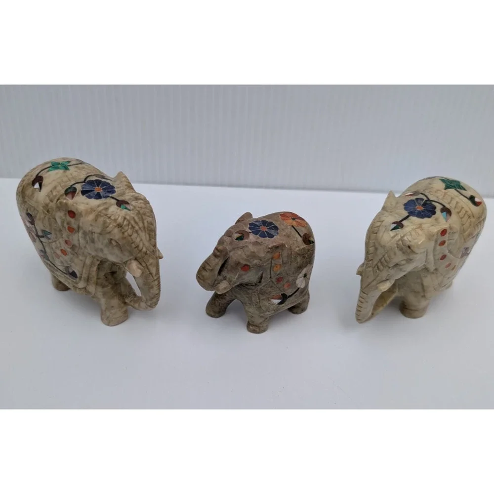 Set of 3 Inlaid Stone Marble (?) Elephants Floral Figurine Lot